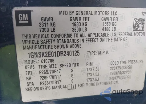 2013 Chevrolet Tahoe Commercial Fleet из США, поврежденный, VIN 1GNSK2E01DR240125